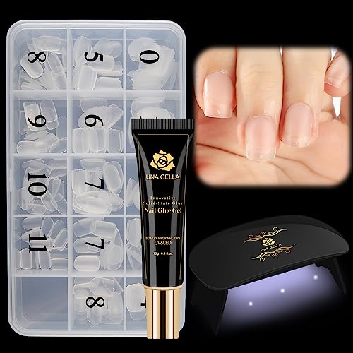 UNA GELLA Nail Tips and Glue Gel Kit, Short Squoval Nail Tips 300PCS Extra Short Square Soft Gel x Tips, Super Strong Solid Nail Gel, Portable Nail Lamp Easy DIY Nails Art Nail Extension for Home DIY