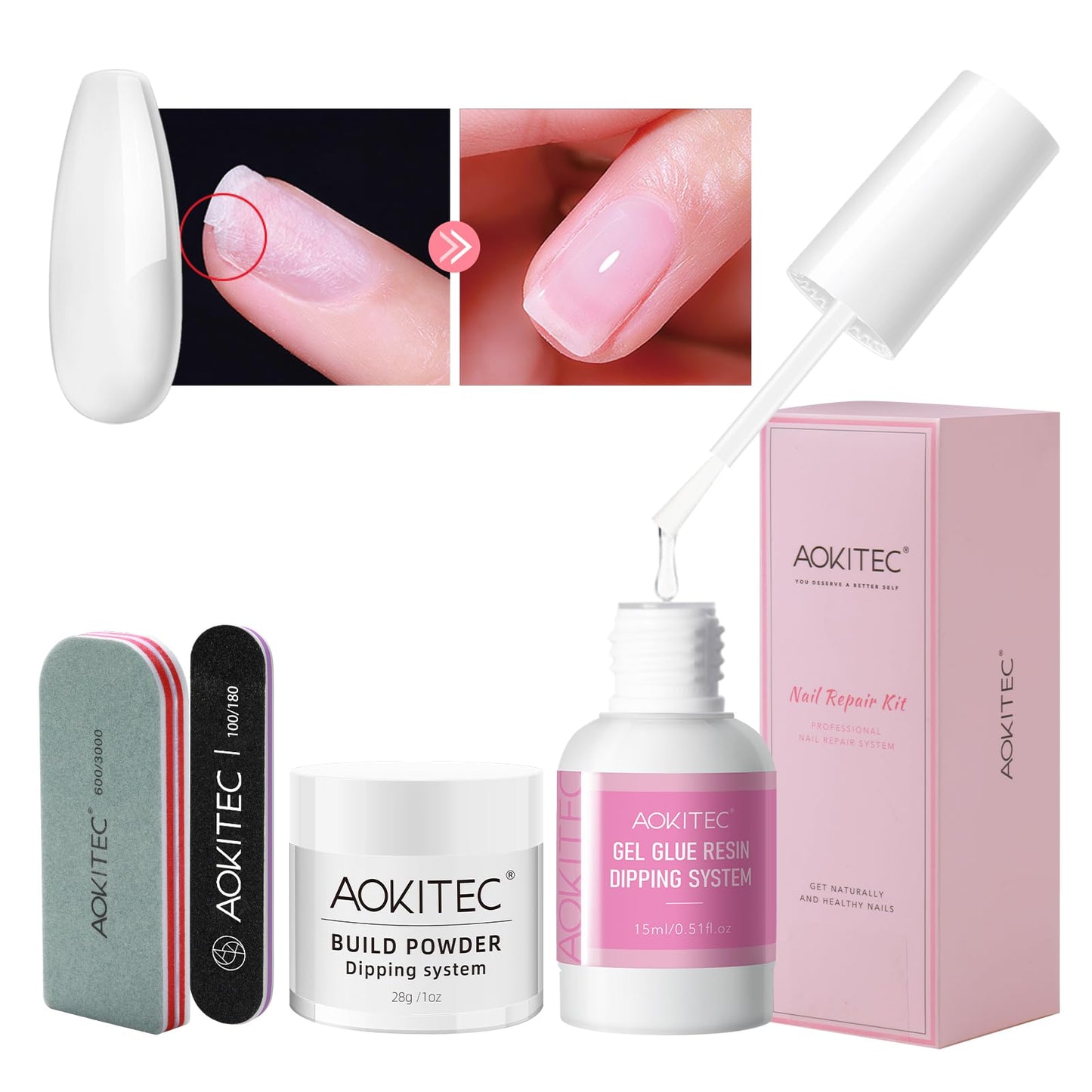 Aokitec Clear Dip Powder For Nails - 28g Build Powder Nail Repair Kit with 15ml Nail Repair Glue for Broken Cracked Split Weak Nails Ideal Solution Emergency Easy Quick Fix Air Dry Salon Home Use