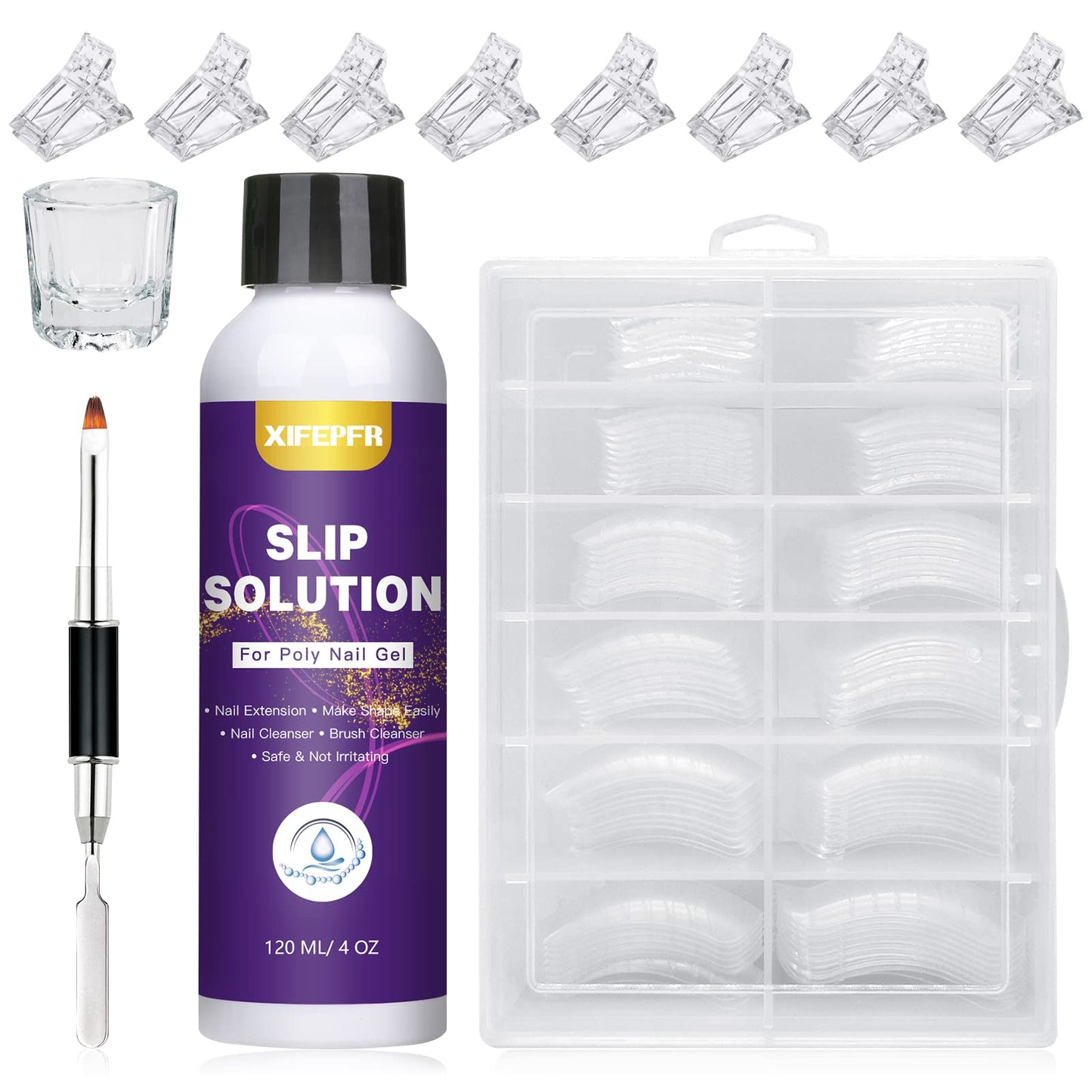 XIFEPFR Poly Gel Slip Solution Kit, 4oz Extension Gel Slip Solution Anti-stick Polygel Solution Liquid with 120pcs Dual Forms Nail Brush Clips Cup for Easy DIY Poly Gel Nail Art, Gifts for Women