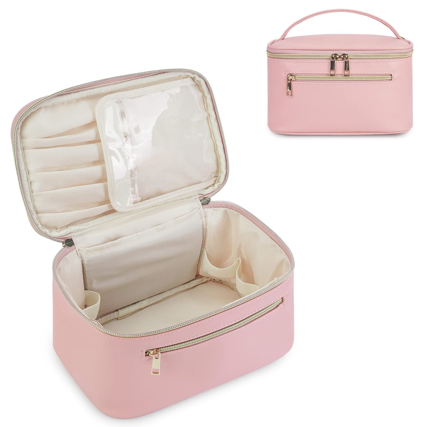 Wandering Nature Makeup Bag, Travel Make Up Organizer Cosmetic Brush Bags Case for Women in Eco Vegan Leather, Pink(Patent Pending)