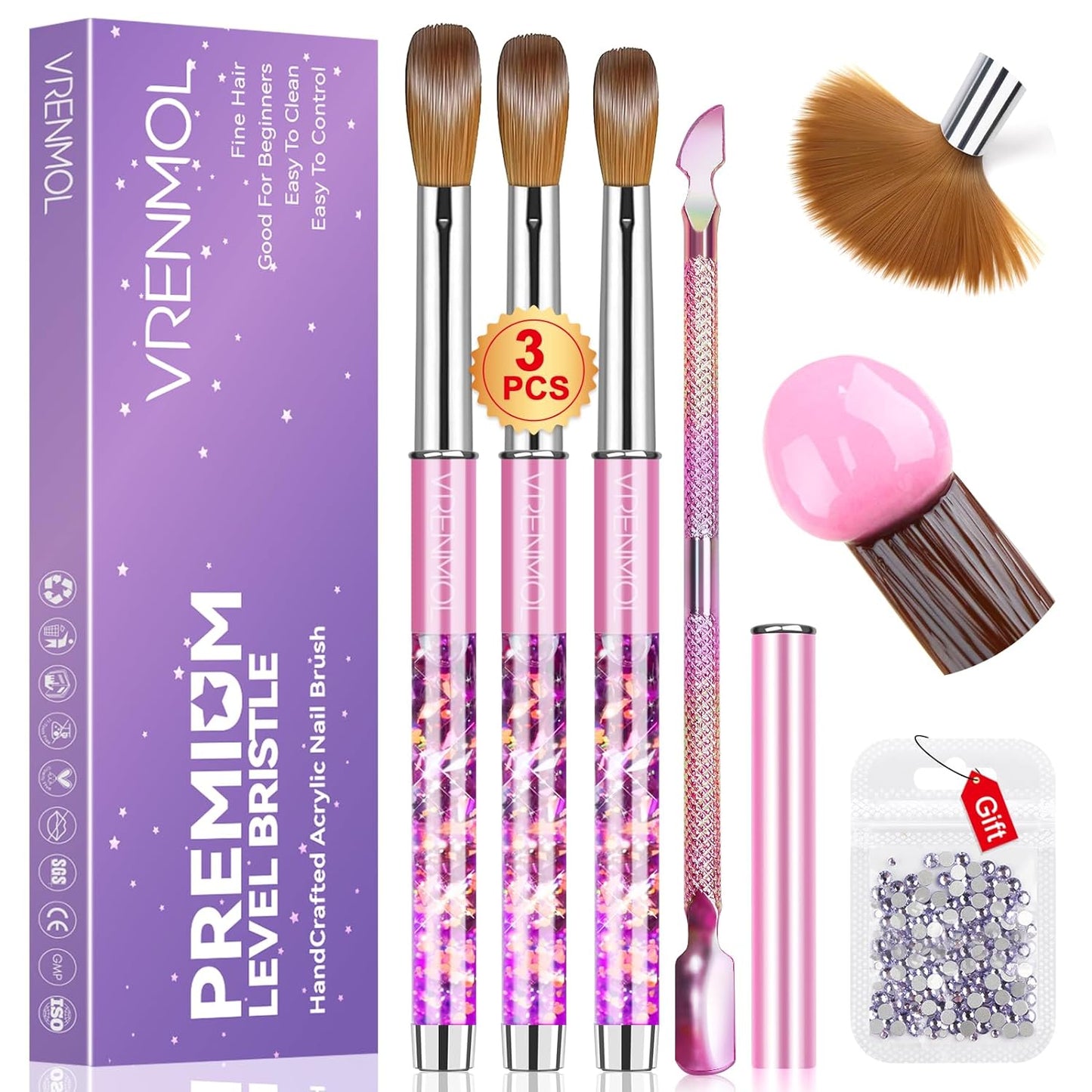 Vrenmol Acrylic Nail Brush Set Diamond Design: 3PCS Size 8/12/14 Acrylic Brushes for Acrylic Application Manicure Tools with Cuticle Pusher & Rhinestones for Nail Art Extensions Carving Nail Tech Use