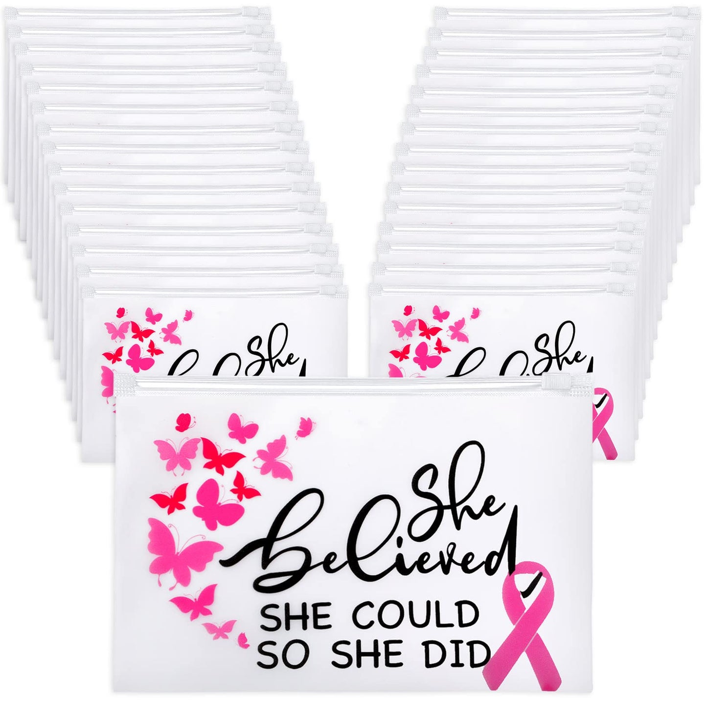 100 Pieces Breast Cancer Awareness Makeup Bags Bulk Pink Ribbon Zippered Cosmetic Pouch Breast Cancer Survivor Gifts for Women Girls EVA Waterproof Toiletry Bag for Charity Recognition Public Event