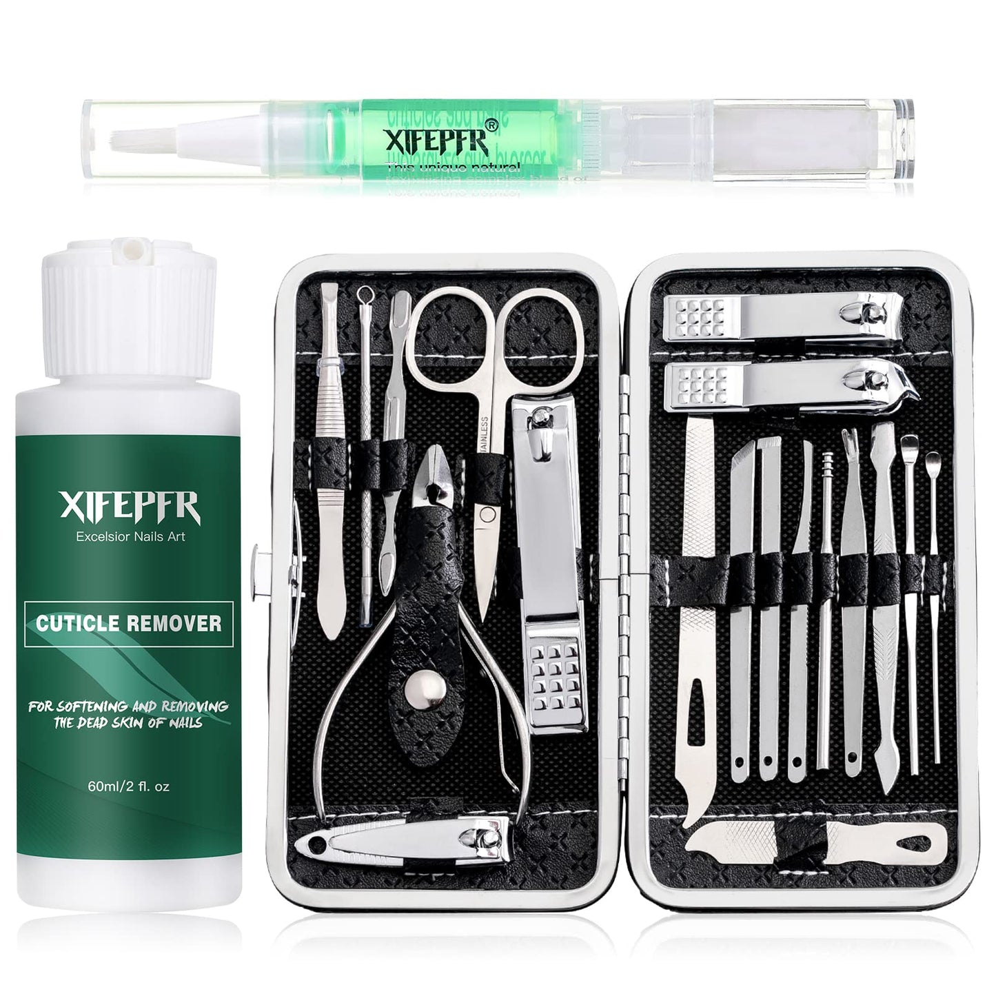 XIFEPFR Manicure Set - Cuticle Remover Cream, 19Pcs Nail Clipper Pedicure Kit, Professional Grooming Kit with Black Luxurious Travel Case, Stainless Steel Nail Kit for Men Women, Gifts for Women