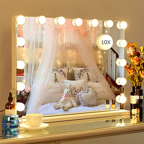 Zdorzi 22.8"x 18.1" Vanity Mirror Makeup Mirror with Lights,10X Large Hollywood Lighted Vanity Mirror with 15 Dimmable LED Bulbs,3 Color Modes,Touch Control for Bedroom,Tabletop or Wall-Mounted