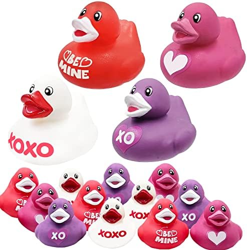 Valentine's Day Rubber Duck Toy Duckies for Kids, Four Solid Colors with Salutations, Bath Birthday Gifts Baby Showers Classroom Summer Beach and Pool Activity, 2" (12-Pack)