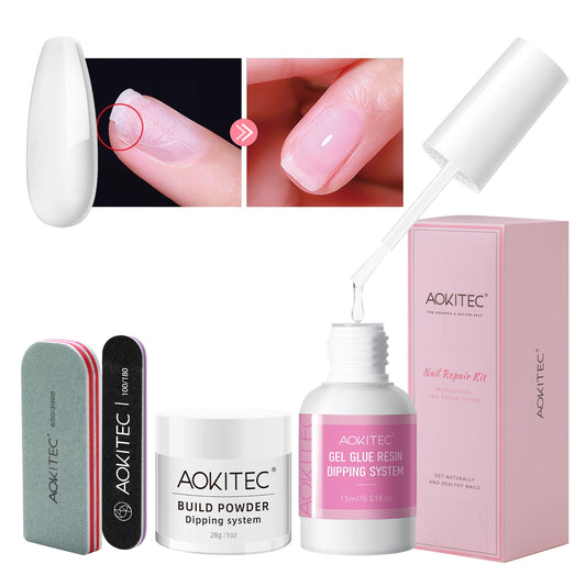 Aokitec Clear Dip Powder For Nails - 28g Build Powder Nail Repair Kit with 15ml Nail Repair Glue for Broken Cracked Split Weak Nails Ideal Solution Emergency Easy Quick Fix Air Dry Salon Home Use