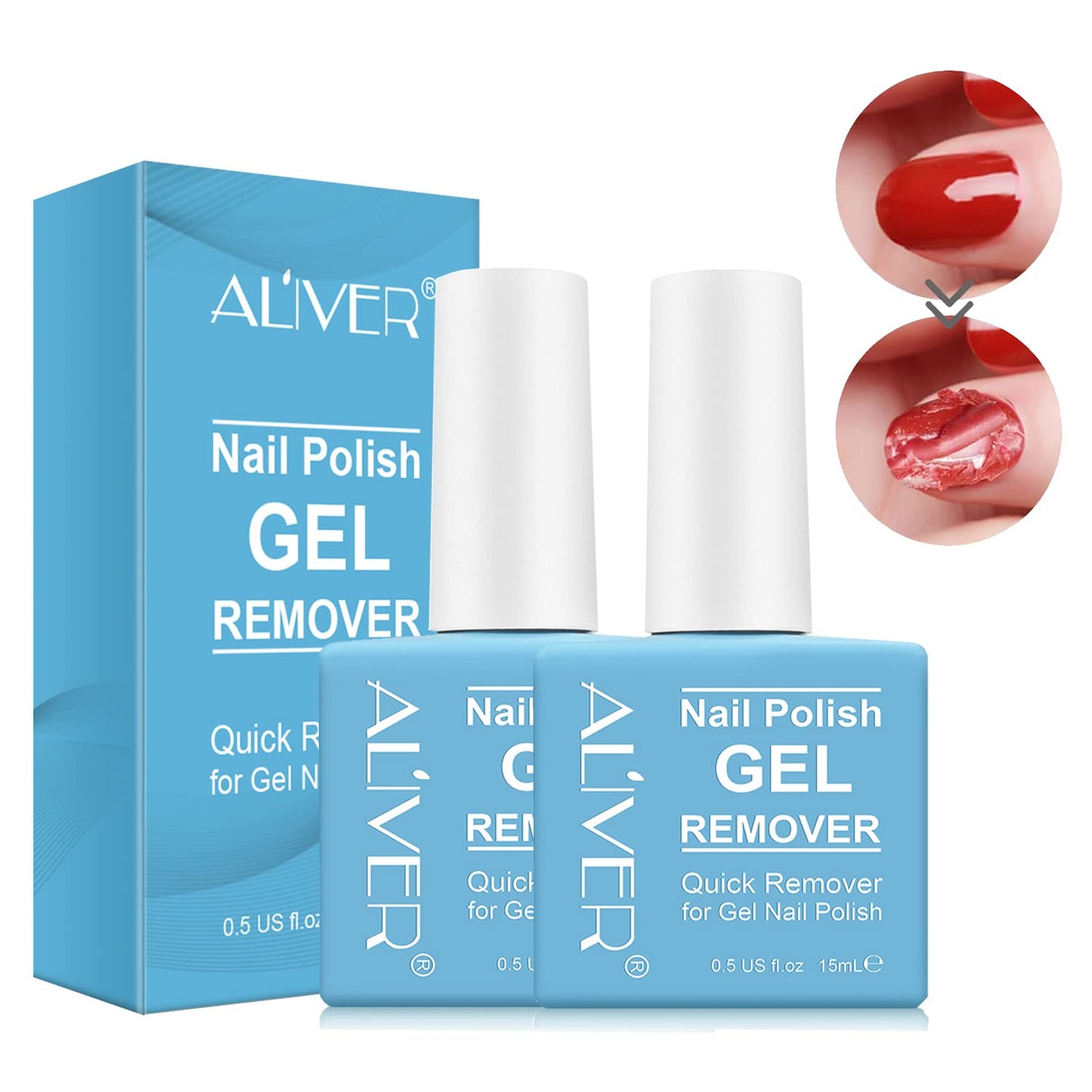ALIVER Gel Nail Polish Remover, 2 Pack Magic Soak-off Gel Polish Remover - Effectively and Easily Removes Gel Nail Polish Within 2-4 Minutes - 0.5 Fl Oz Clear
