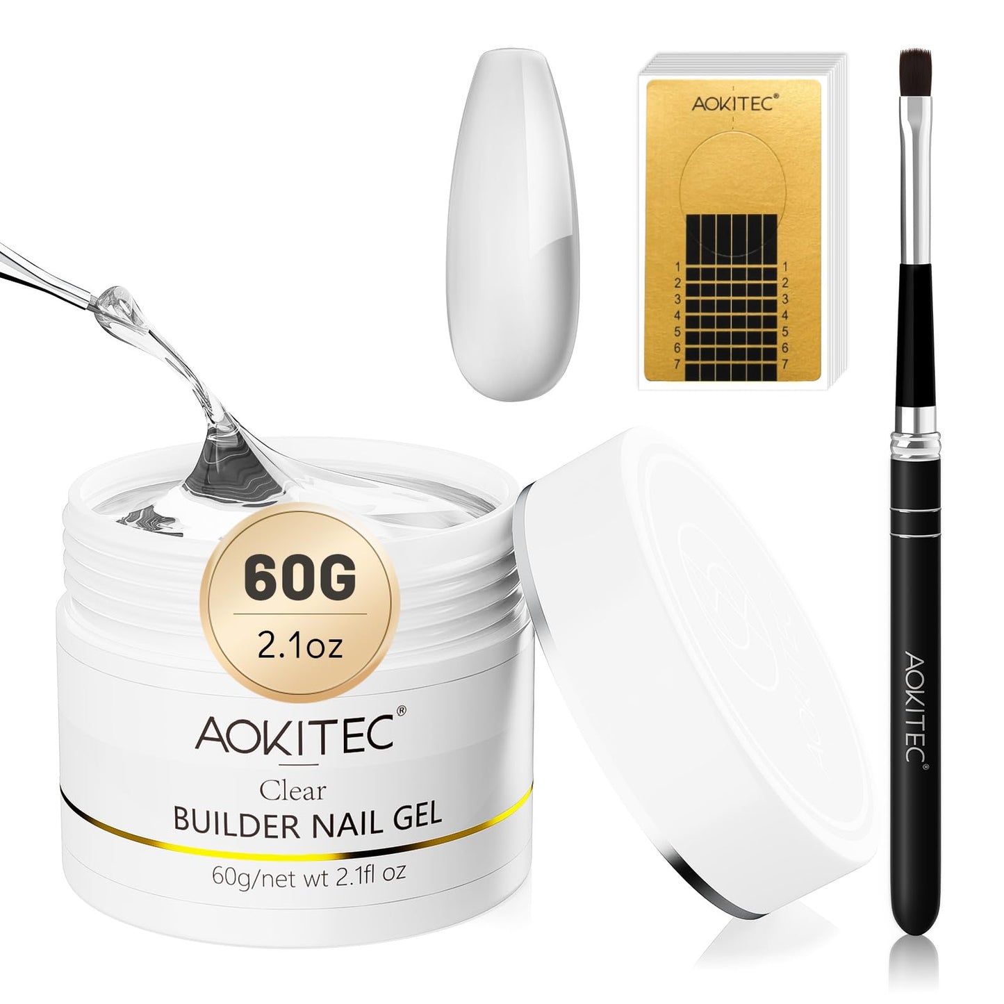 Aokitec Builder Nail Gel Kit - 60g Clear Extension Gel Nail Kit Hard Gel for Nails with 100pcs Nail Forms Gel Nail Brush for Nail Extension Repair Broken Nails Manicure Starter Kit for Home Salon Use