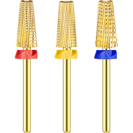 3 Pieces Nail Carbide 5 in 1 Bit Multi-function Tapered Shaping Nail Drill Carbide Nail Drill Bit Use for both Left to Right Handed, 3/32 Inch Nail Bit for Fast Remove Acrylic Gel Nail (Gold)
