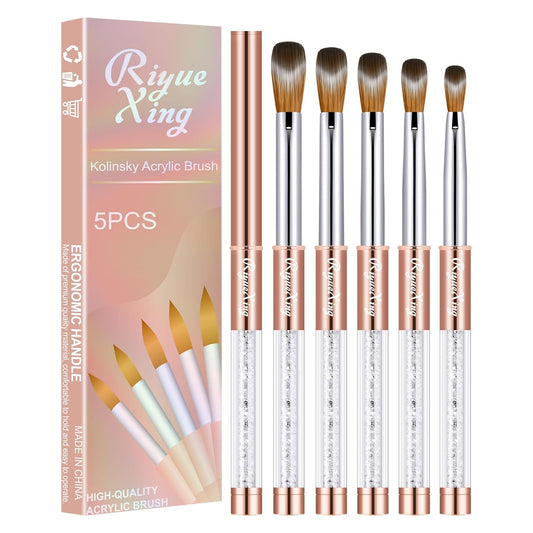 5PCS Acrylic Nail Brush Set, Size 6/8/12/14/16. Kolinsky Hair,Oval Crimped Pressed Shaped Acrylic Nail Brushes,Golden Metal Handle Acrylic Powder Brush Set Professional Manicure For DIY Home Salon
