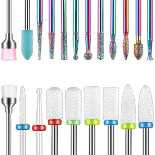 21pcs Nail Drill Bits Sets, 3/32 Inch Diamond Cuticle Electric Nail File and Ceramic Acrylic Gel Nail Bit Kit, Acrylic Nail Art Tools, Carbide Cuticle Remover Bits for Manicure Pedicure, Home Salon