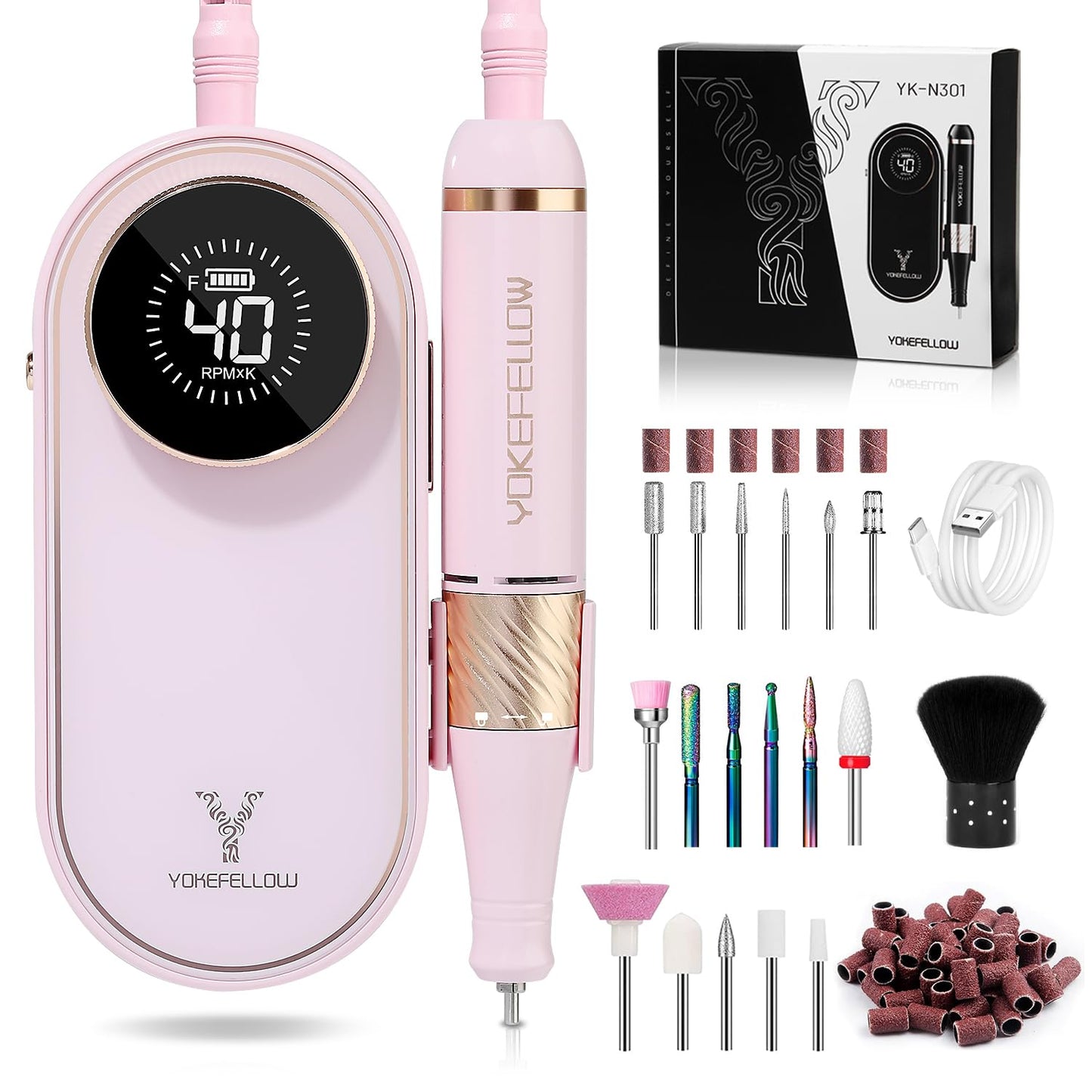 YOKE FELLOW Nail Drill Machine - 40000 RPM Electric Nail File Nail Drills for Acrylic Nails Professional with 12 Drill Bits Manicure Pedicure Polishing Nail Drill for Home Use