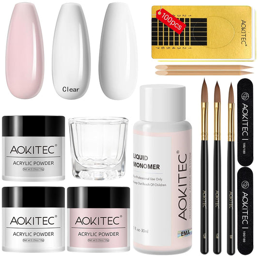 AOKITEC Acrylic Nail Kit - Pink/Clear/White Acrylic Powder and Liquid Set with Acrylic Nail Brush Nail Forms for Long-Lasting Acrylic Nails Beginner-Friendly Nail Kit Acrylic Set for Home DIY