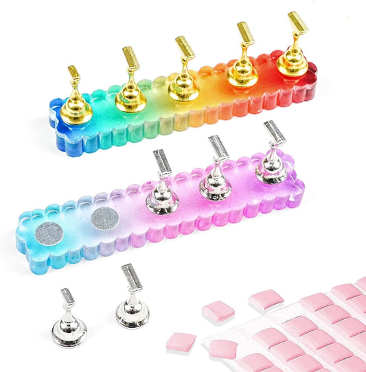 2 Set Nail Stand, Colorful Nail Holder for Painting Nails with 96pcs Reusable Putty, Magnetic Nail Stand for Press Ons, Press On Nail Display Stand for Acrylic Nail Art Home Diy Salon