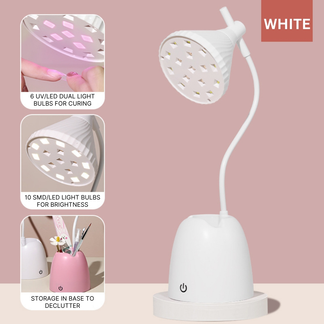Innovative dual-lamp UV/LED nail curing system showing two flexible heads in white, ideal for simultaneous manicure tasks in busy nail salons.