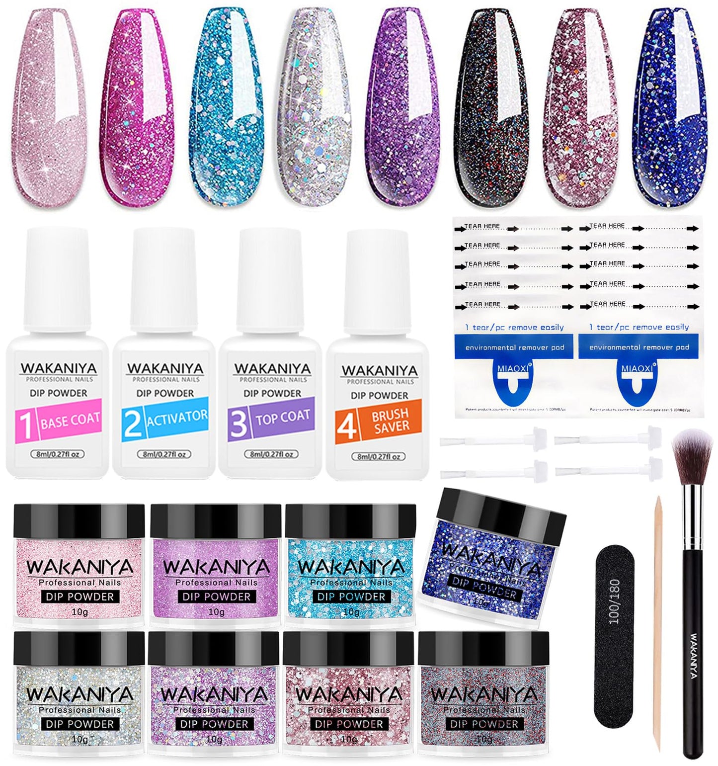 wakaniya Nail Dip Powder Kit 8 Colors Glitter Purple Galaxy Nails Powder Set with Liquids Base Top Coat Nail Remover Pads Dip Nails Starter Kit with Everything for Beginners