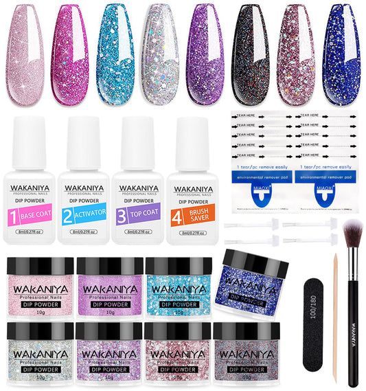 wakaniya Nail Dip Powder Kit 8 Colors Glitter Purple Galaxy Nails Powder Set with Liquids Base Top Coat Nail Remover Pads Dip Nails Starter Kit with Everything for Beginners