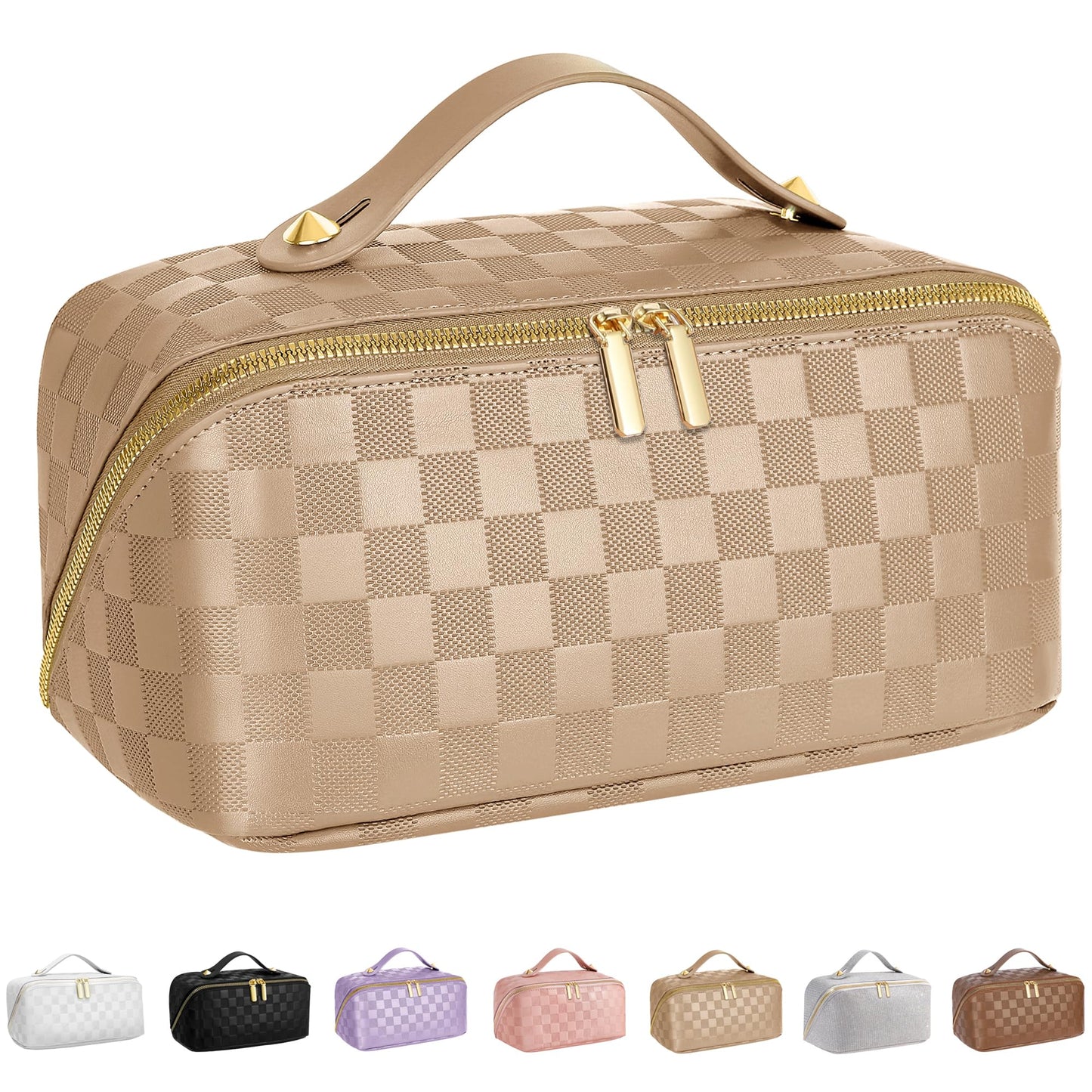 ALEXTINA Large Capacity Travel Cosmetic Bag - Portable Makeup Bags for Women Waterproof PU Leather Checkered Makeup Organizer Bag with Dividers and Handle,Toiletry Bag for Cosmetics, Khaki