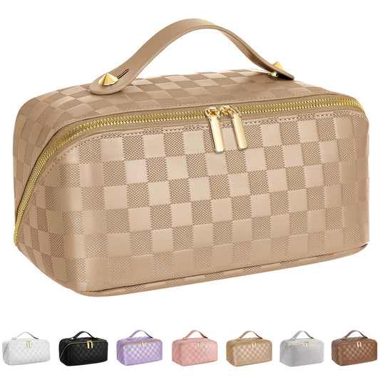 ALEXTINA Large Capacity Travel Cosmetic Bag - Portable Makeup Bags for Women Waterproof PU Leather Checkered Makeup Organizer Bag with Dividers and Handle,Toiletry Bag for Cosmetics, Khaki
