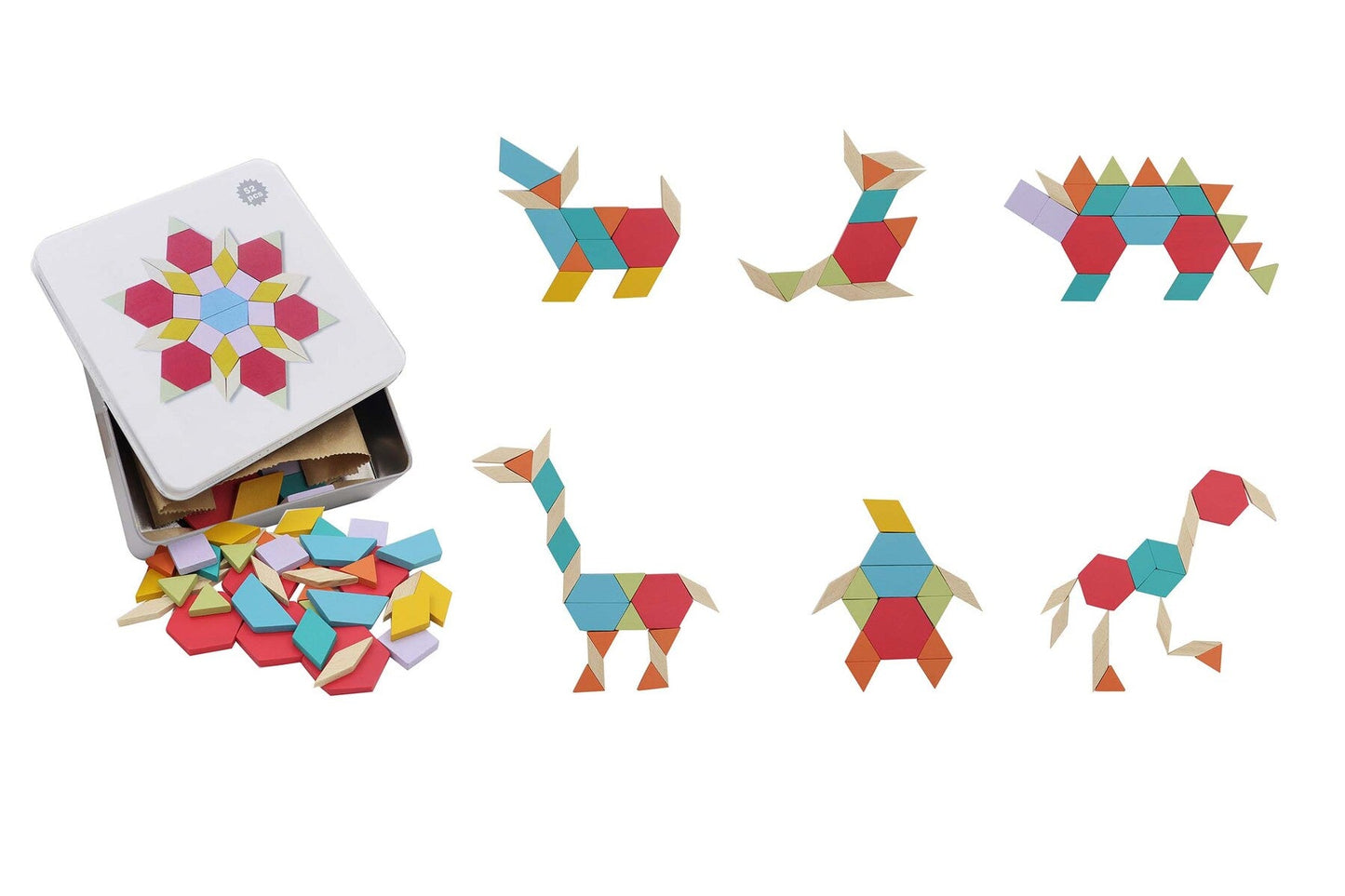 Wooden Pattern Blocks in Tin Box